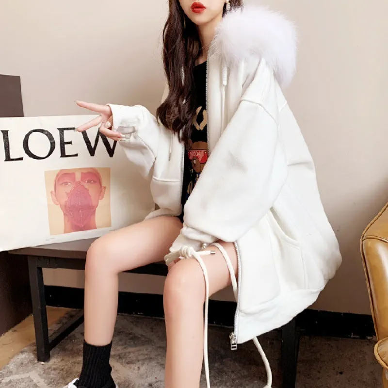 Plus size fleece-lined hooded cardigan sweater in black, loose fit with long sleeves