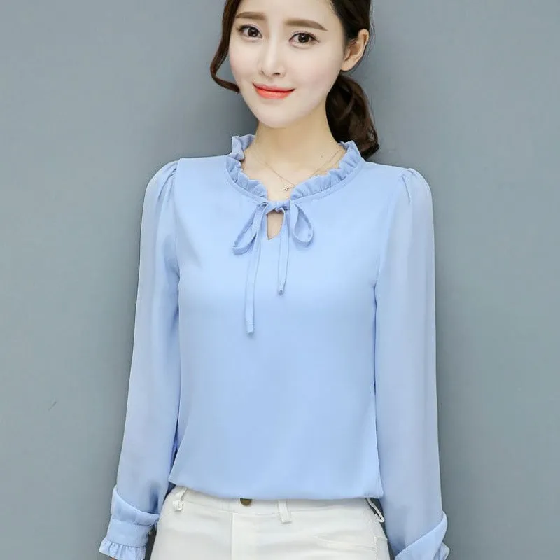 Loose plus size bow chiffon shirt in rose red, pullover style, long sleeves, polyester fabric, front view