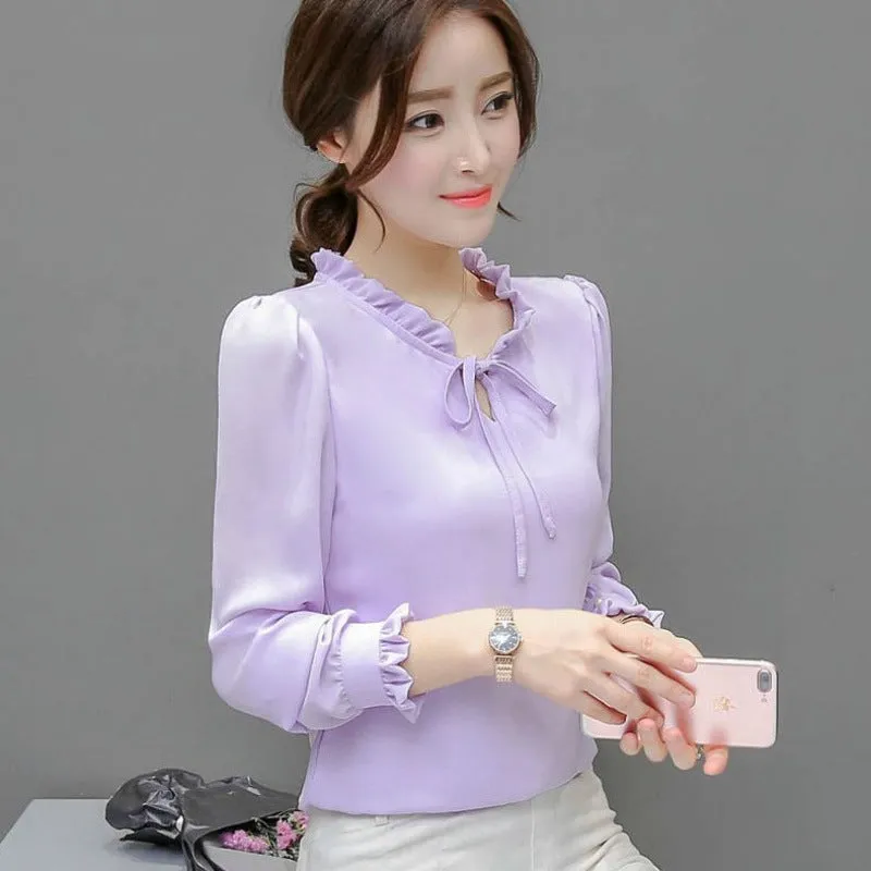Loose plus size bow chiffon shirt in rose red, pullover style, long sleeves, polyester fabric, front view