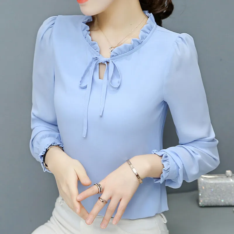 Loose plus size bow chiffon shirt in rose red, pullover style, long sleeves, polyester fabric, front view