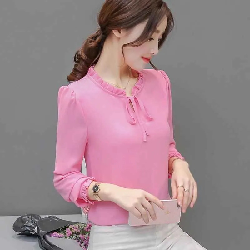 Loose plus size bow chiffon shirt in rose red, pullover style, long sleeves, polyester fabric, front view