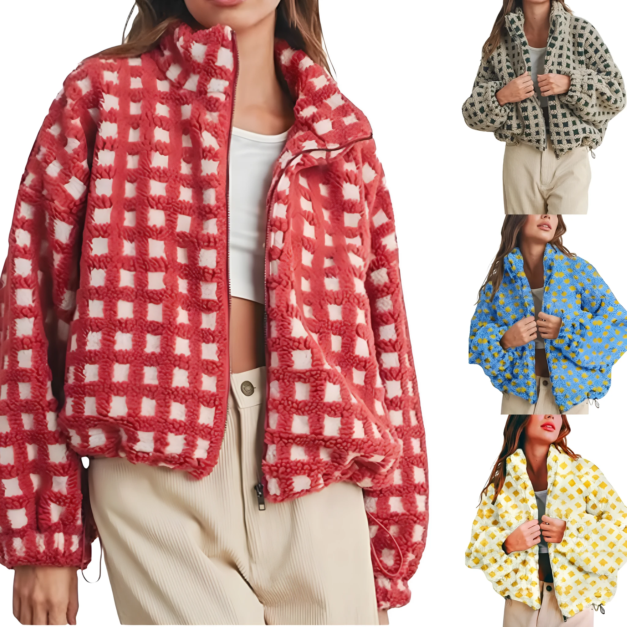 Women anti-blowing lamb wool plaid casual loose jacket, polyester fibre, multiple colour options, front view