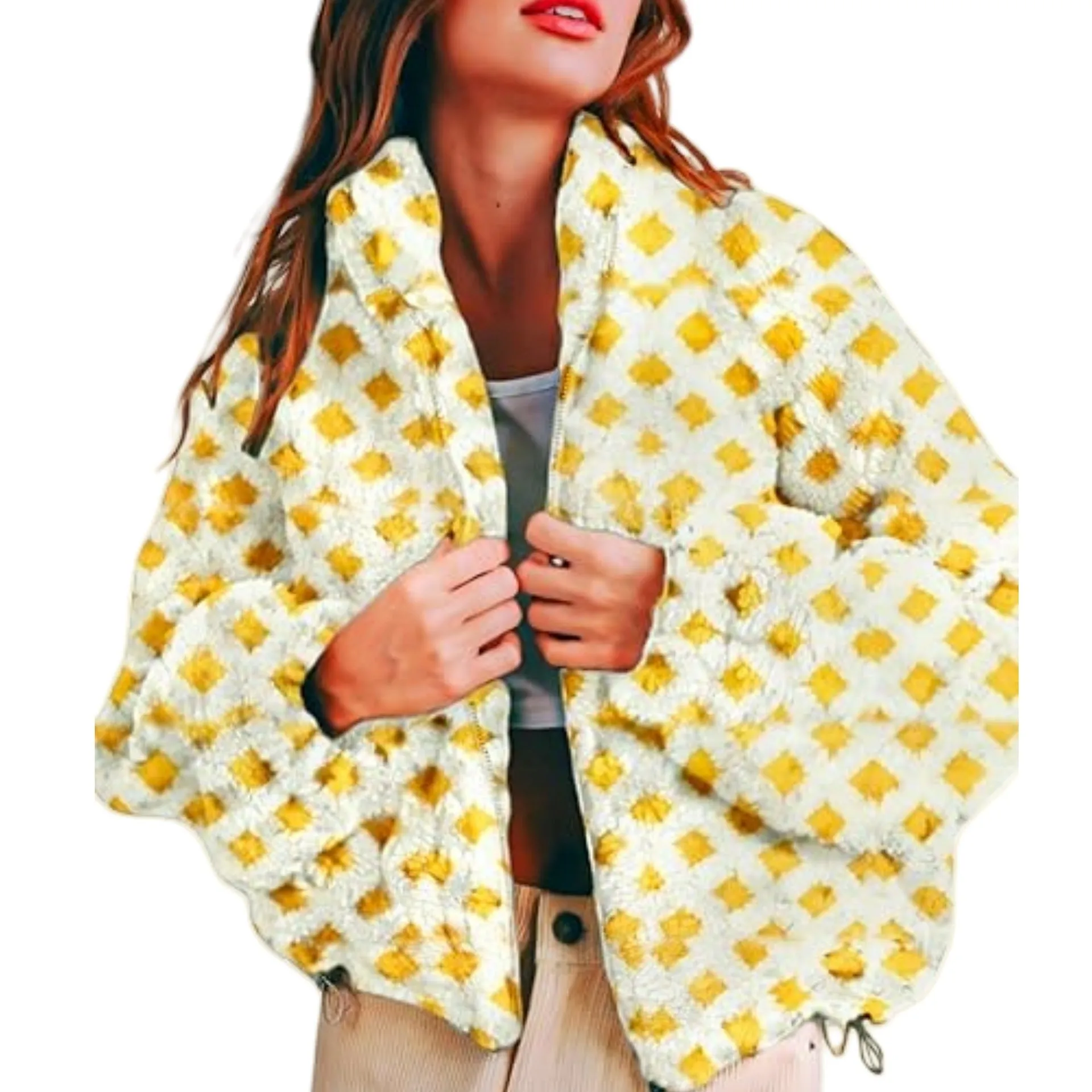Women anti-blowing lamb wool plaid casual loose jacket, polyester fibre, multiple colour options, front view