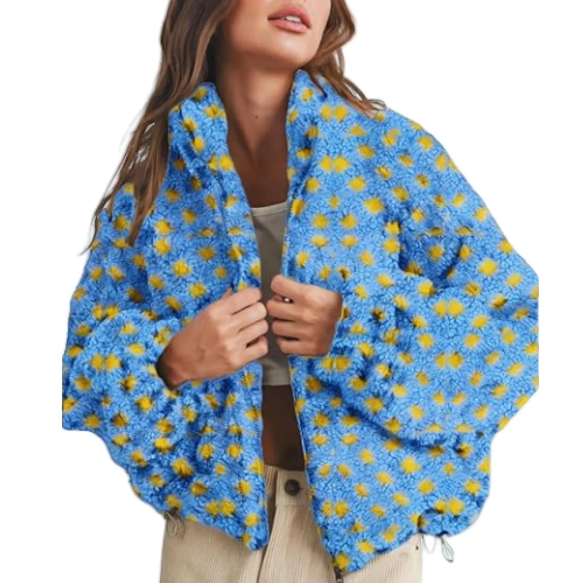 Women anti-blowing lamb wool plaid casual loose jacket, polyester fibre, multiple colour options, front view