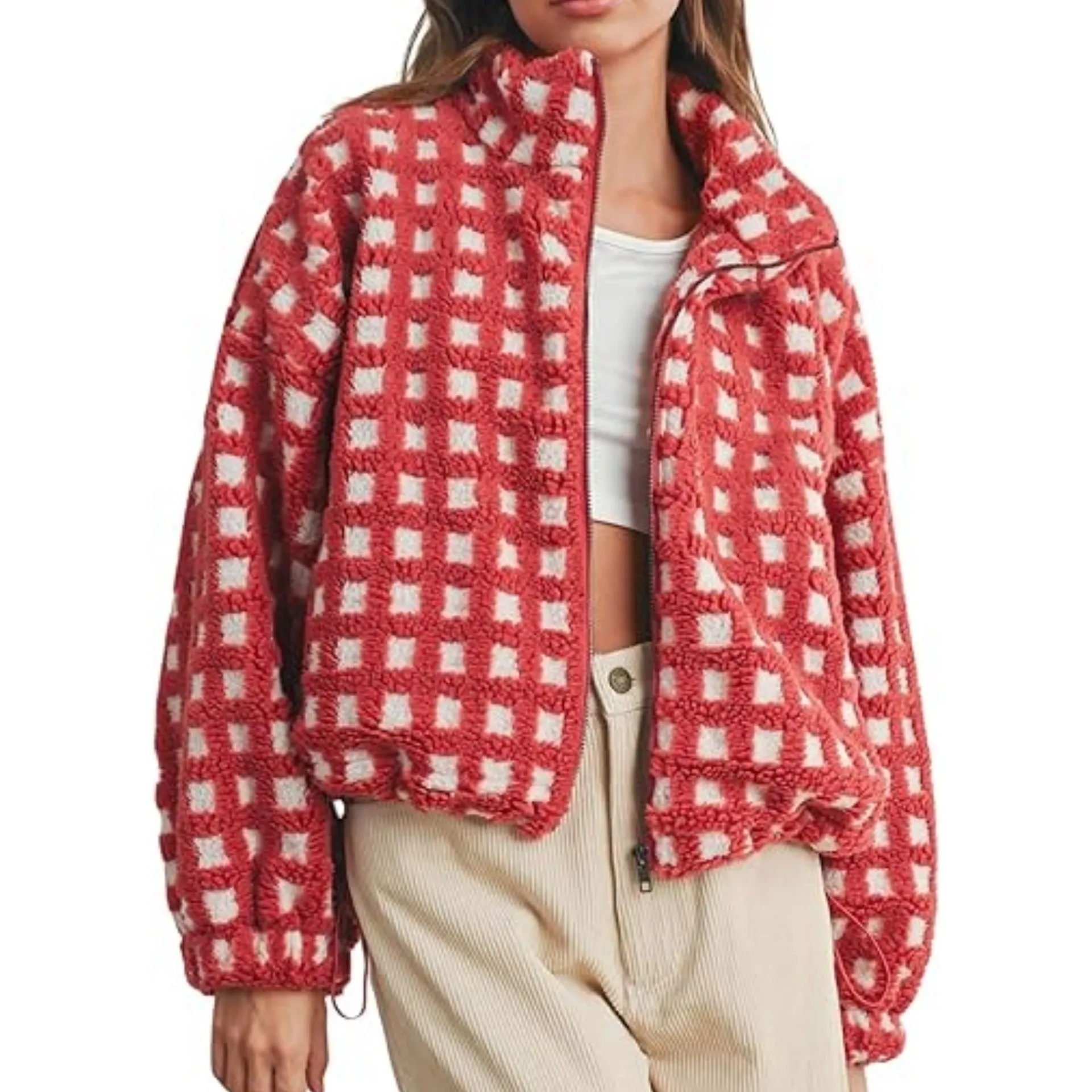 Women anti-blowing lamb wool plaid casual loose jacket, polyester fibre, multiple colour options, front view
