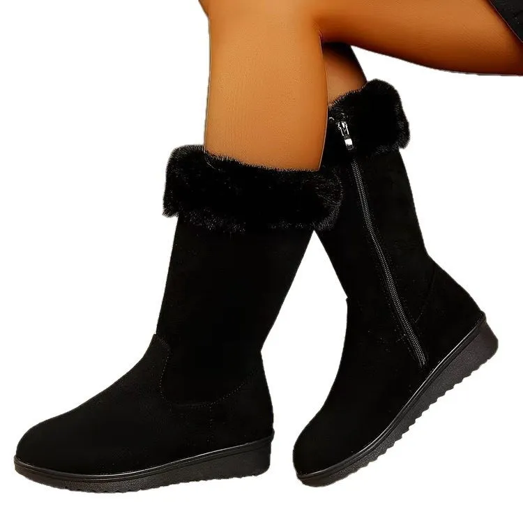 Fleece-lined thickened mid-calf waterproof platform snow boots in black, side view