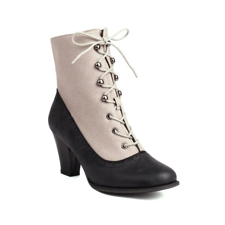 Retro British style cone heel Martin boots for women, artificial PU leather, front lace-up, available in brown