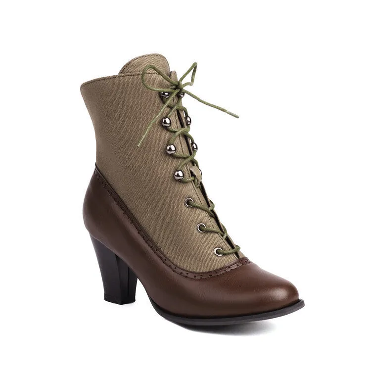 Retro British style cone heel Martin boots for women, artificial PU leather, front lace-up, available in brown
