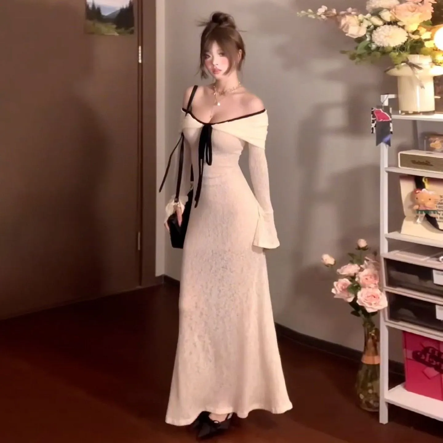 Off-shoulder long-sleeved knitted dress for women in white with high waist polyester fabric