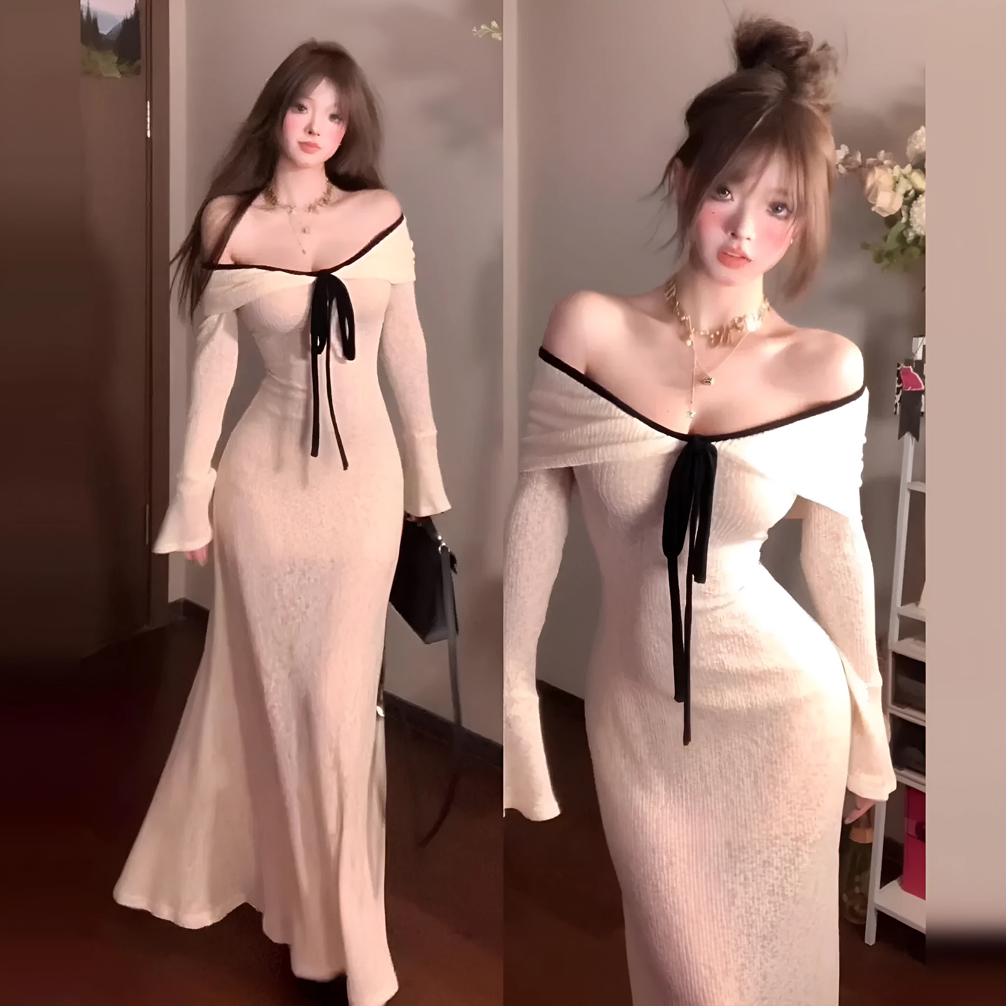 Off-shoulder long-sleeved knitted dress for women in white with high waist polyester fabric