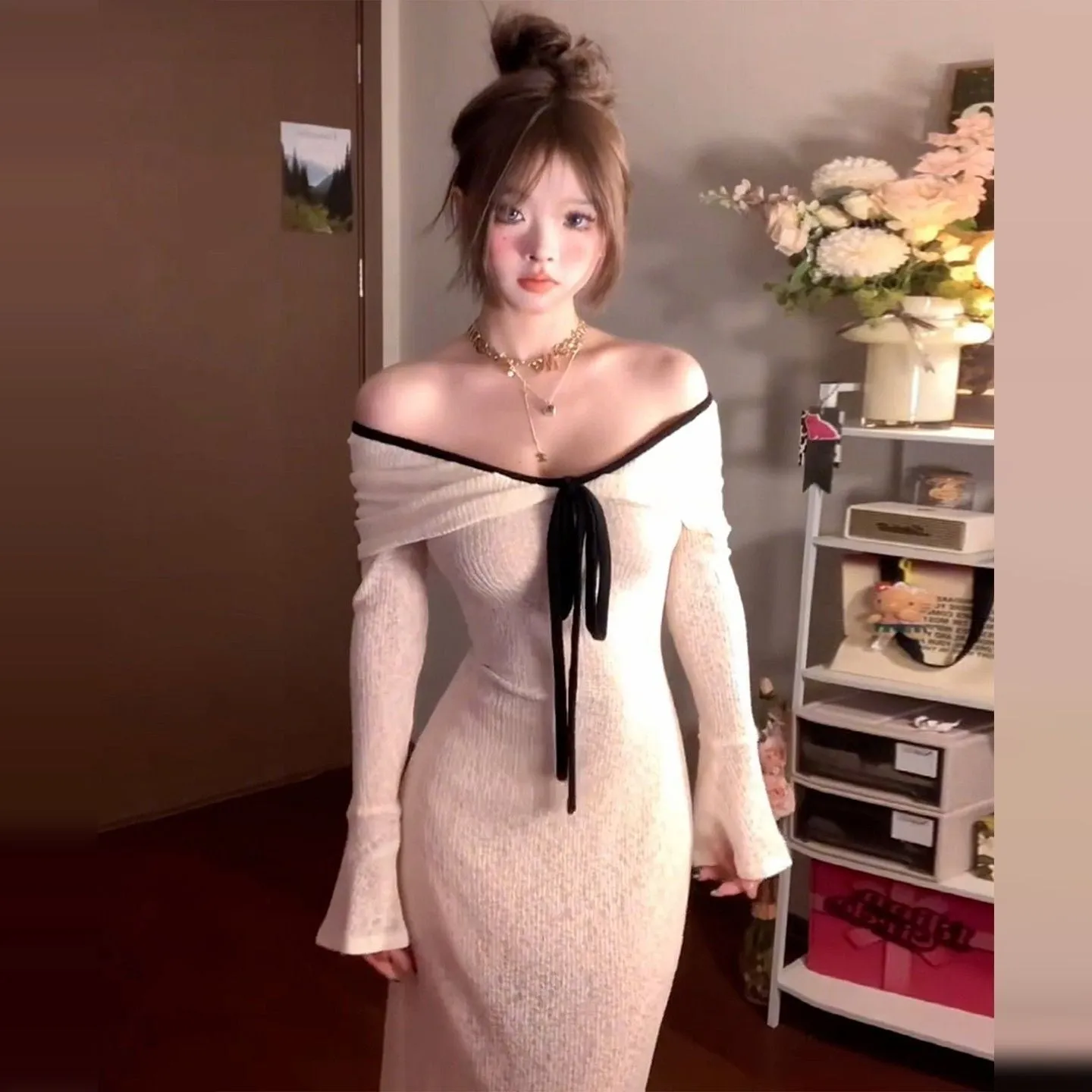 Off-shoulder long-sleeved knitted dress for women in white with high waist polyester fabric