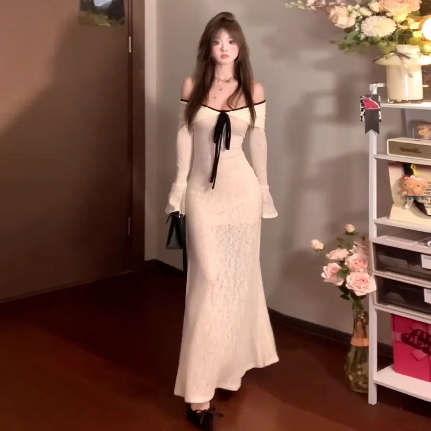 Off-shoulder long-sleeved knitted dress for women in white with high waist polyester fabric