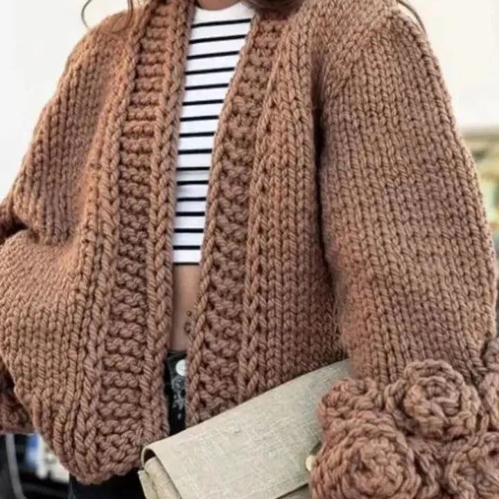 Long sleeve coarse woven knitted cardigan with petal sleeves in milky white for women