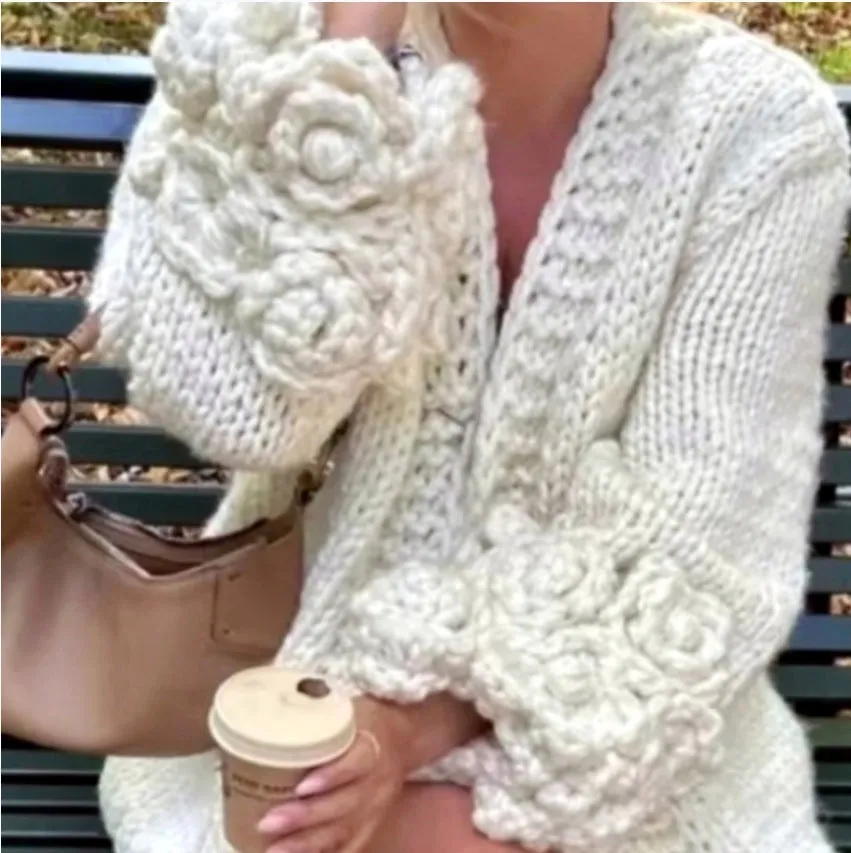 Long sleeve coarse woven knitted cardigan with petal sleeves in milky white for women