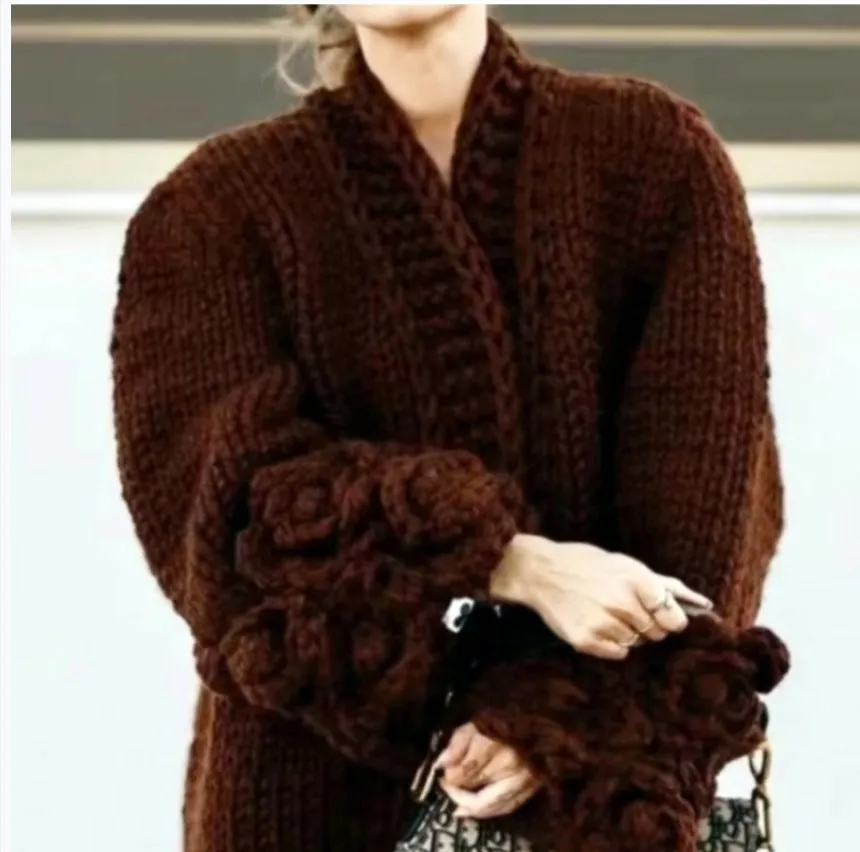 Long sleeve coarse woven knitted cardigan with petal sleeves in milky white for women