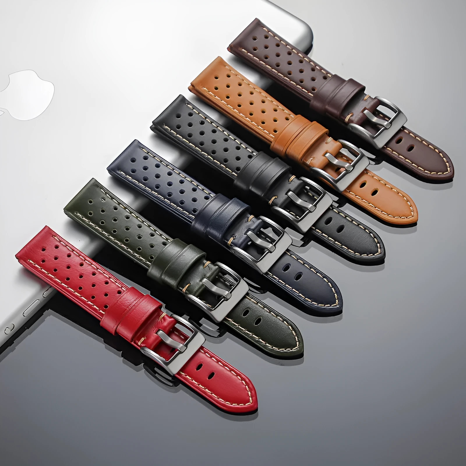 New business hollow-out first layer cowhide watch strap in six colour options on white background