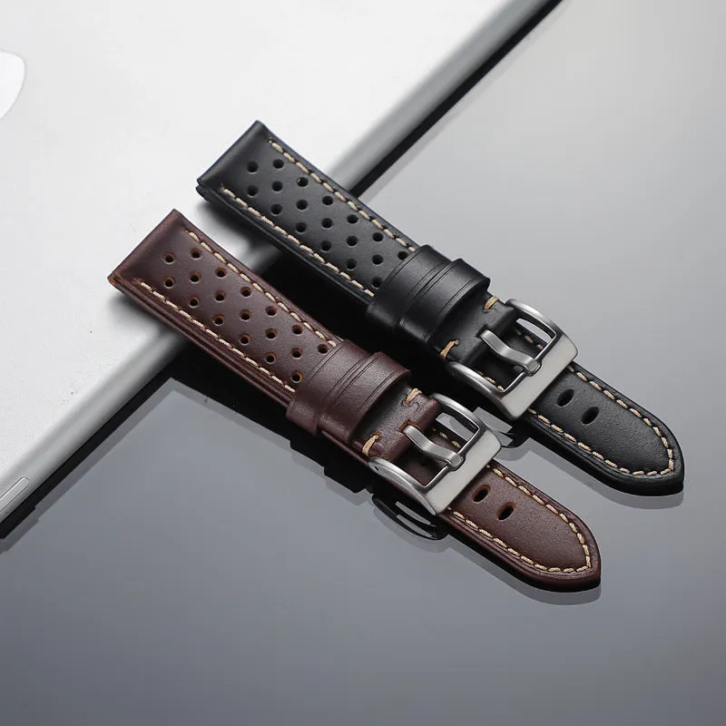 New business hollow-out first layer cowhide watch strap in six colour options on white background