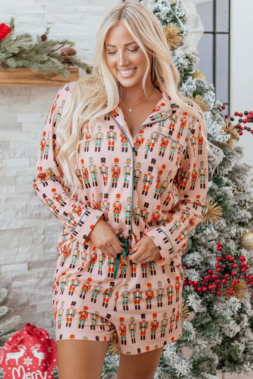 Women's casual printed long-sleeved pajama short suit in pink polyester with top and shorts set