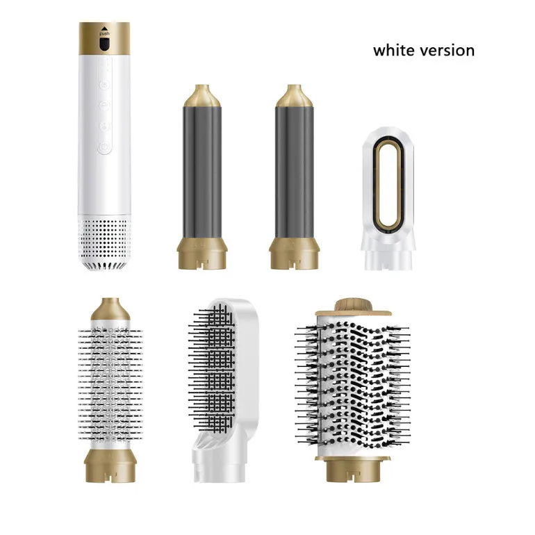 Multifunctional hot air styling comb with six attachment heads in leather case