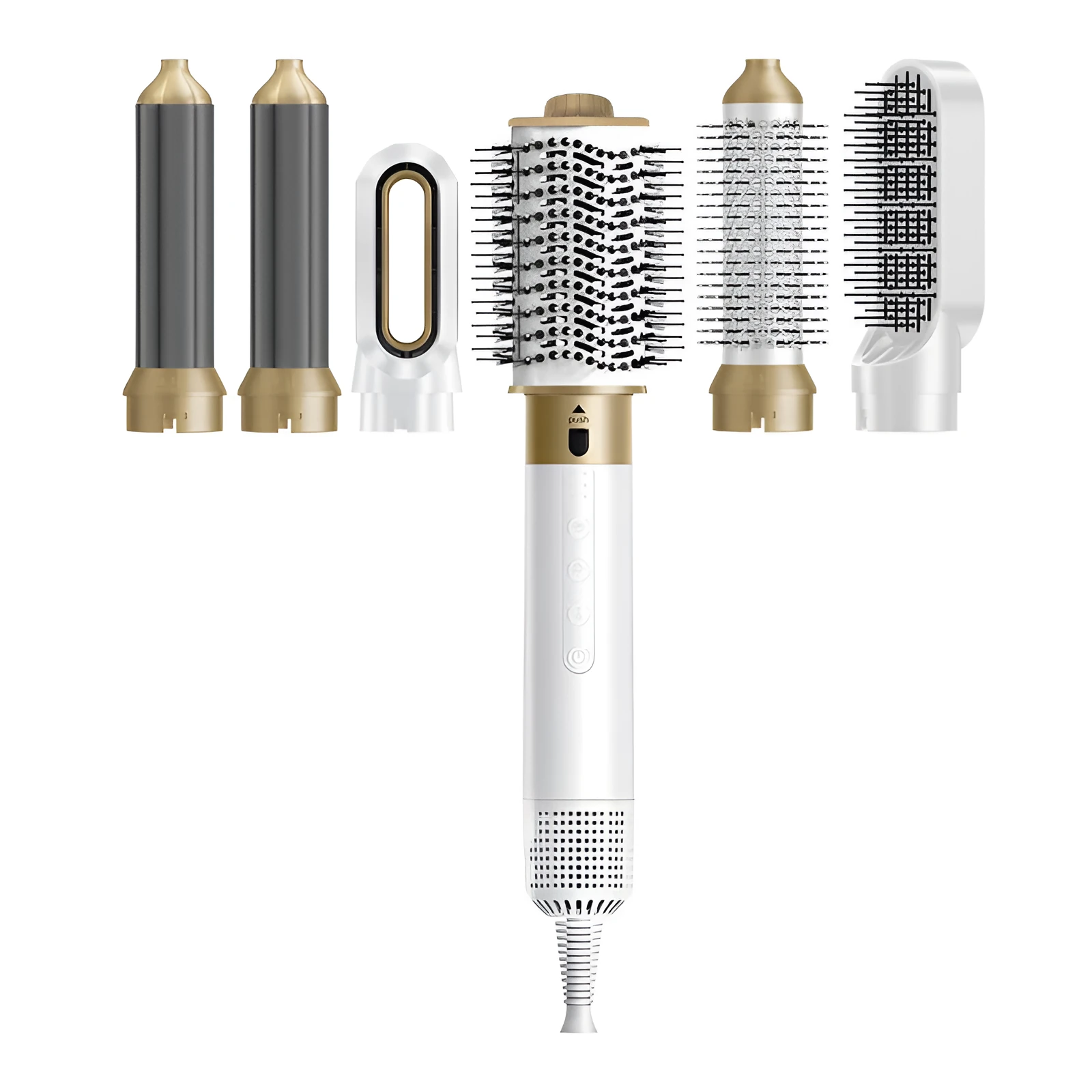 Multifunctional hot air styling comb with six attachment heads in leather case