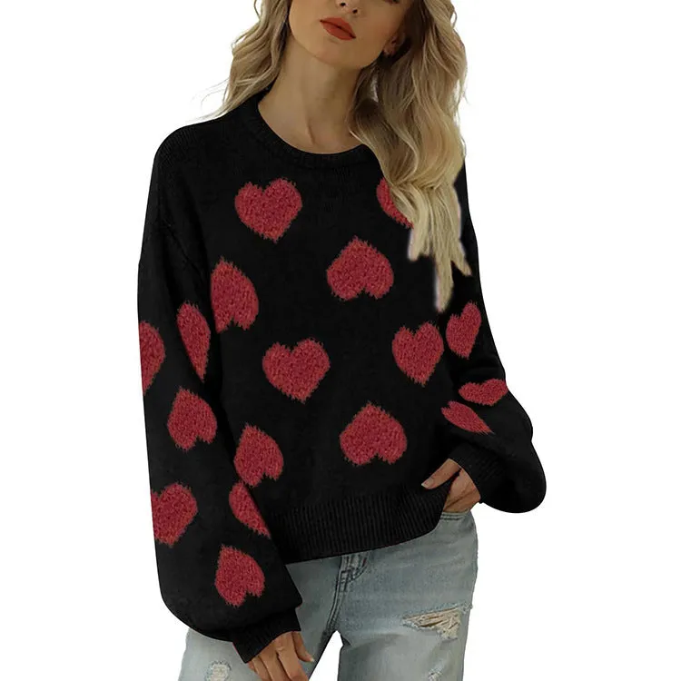 Loose pullover sweater with pink heart jacquard pattern, acrylic knit, Valentine's Day design