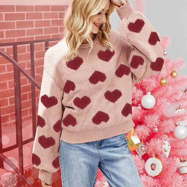 Loose pullover sweater with pink heart jacquard pattern, acrylic knit, Valentine's Day design