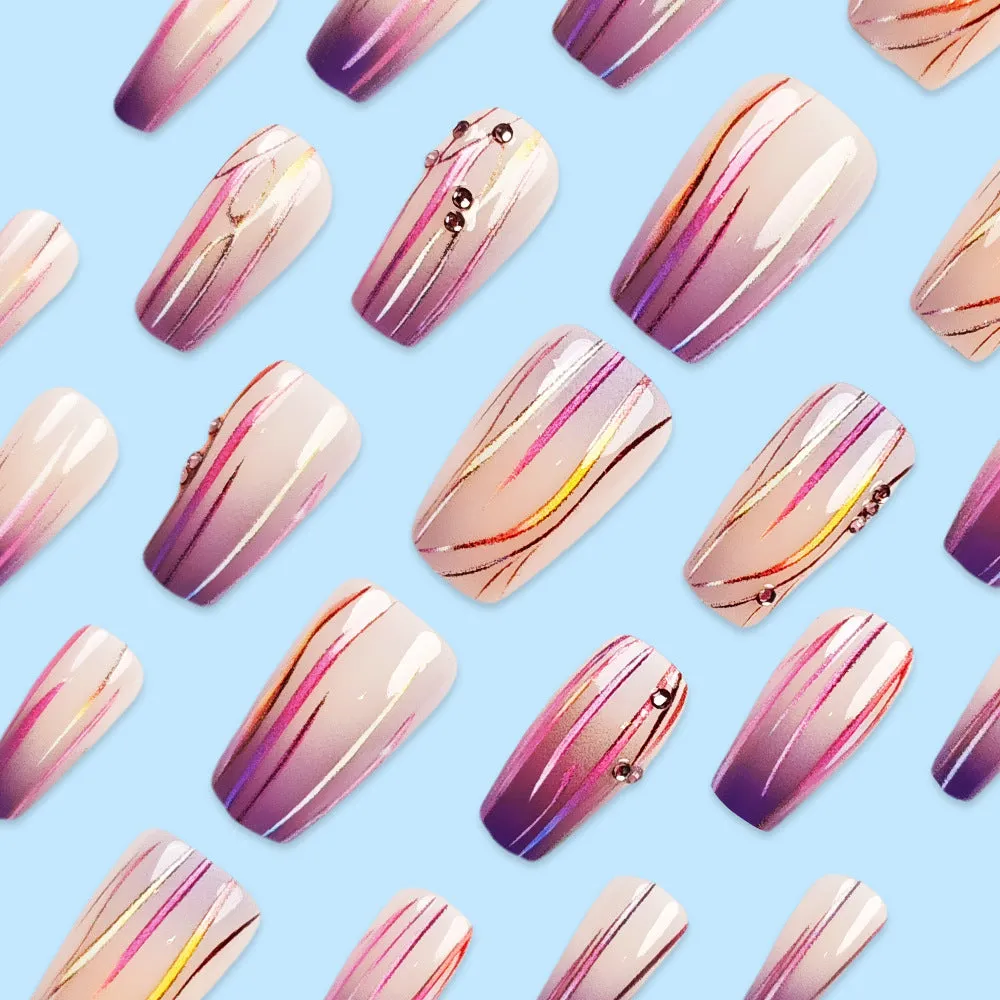 Magic purple line streamer gradient nail stickers with starry sky pattern and jelly glue
