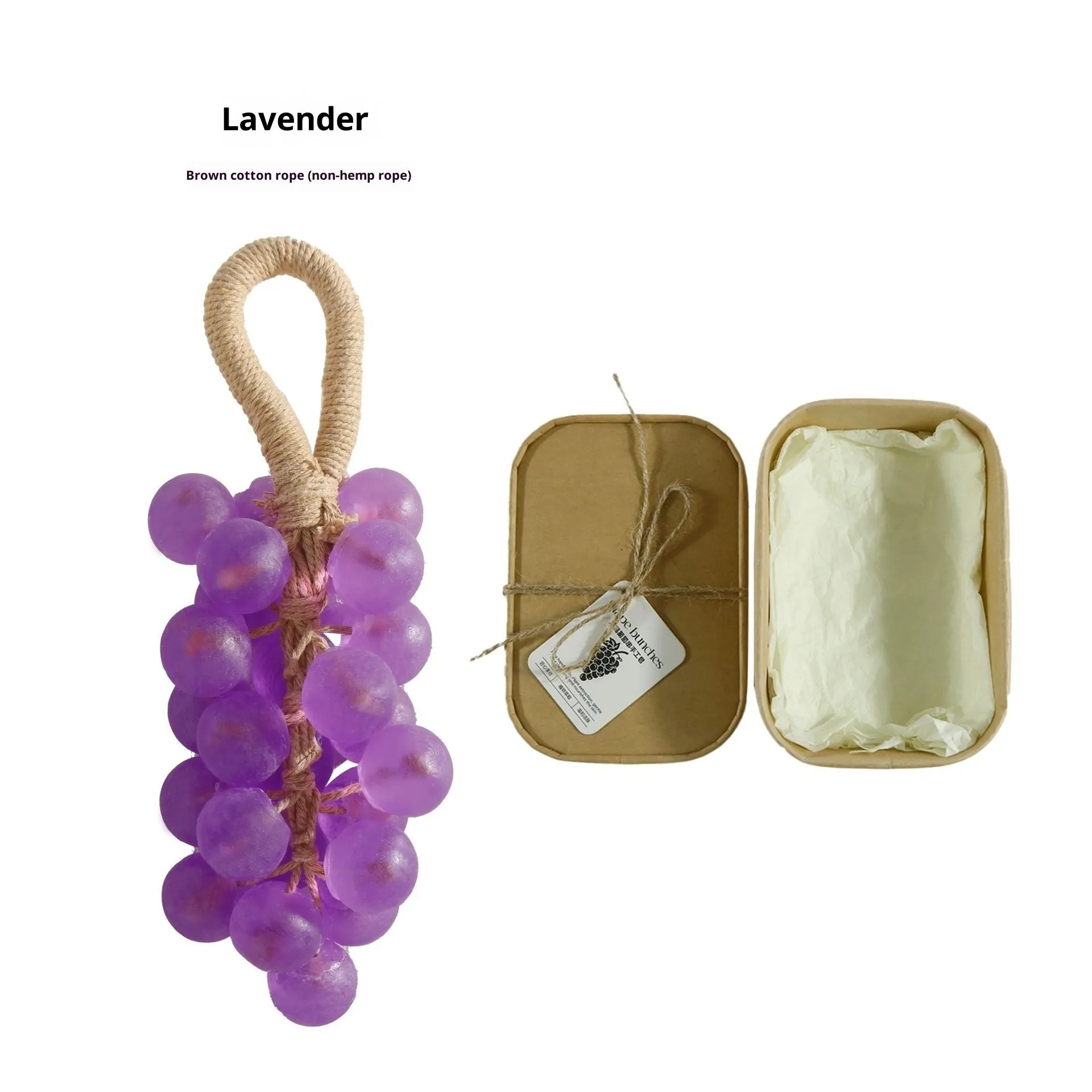 Handmade crystal grape soap with brown cotton string on a surface, 25g gift set