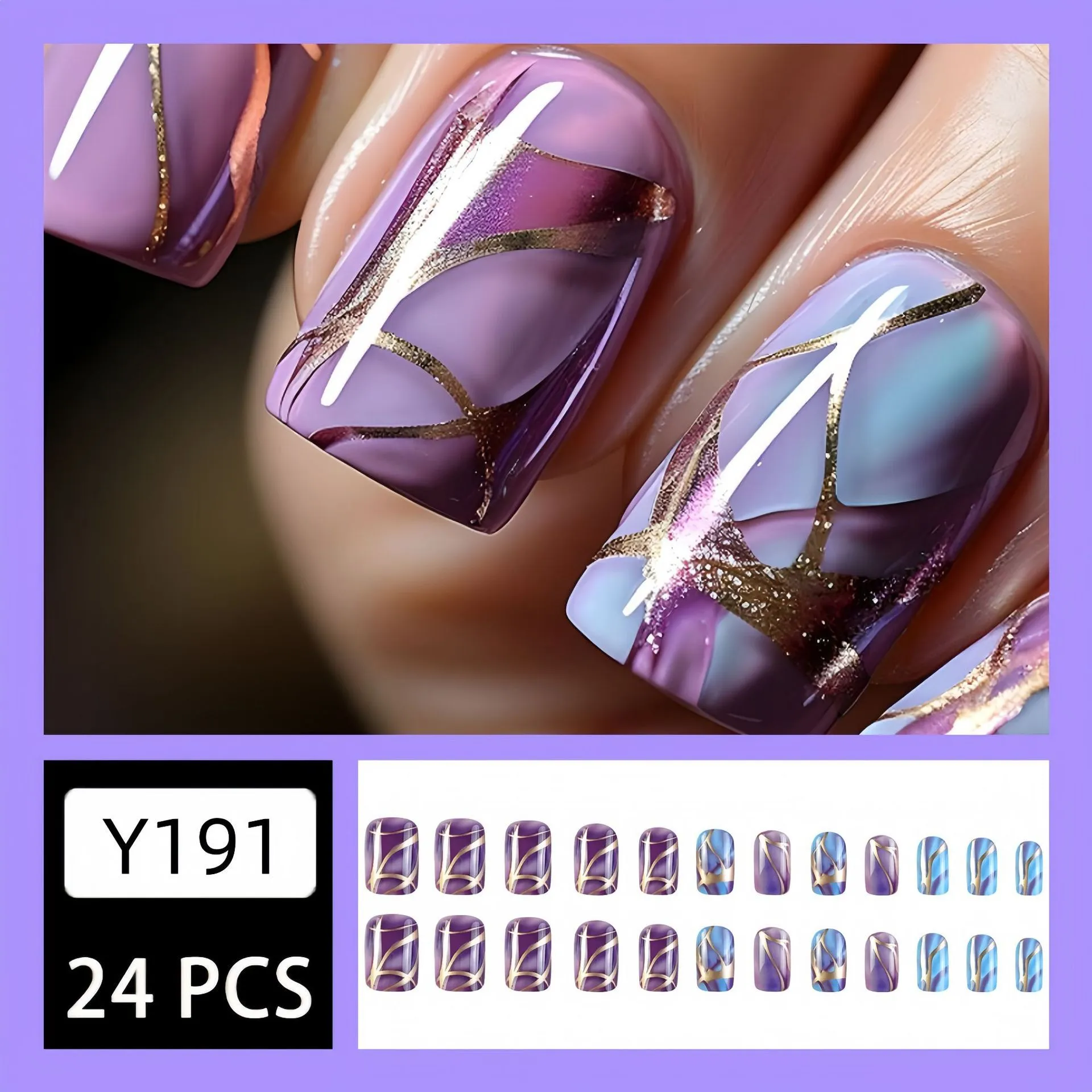 Purple striped nail stickers with European and American style medium length design