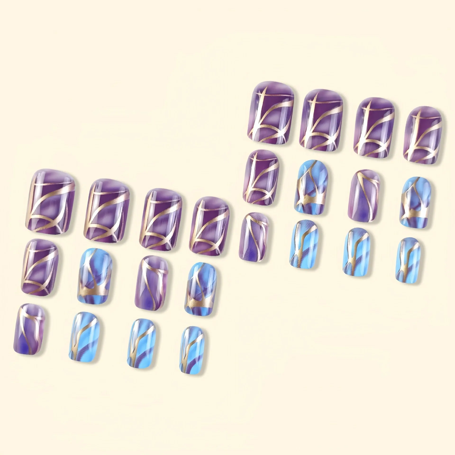 Purple striped nail stickers with European and American style medium length design