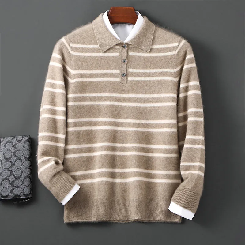 Lapel pure wool striped half button pullover sweater in camel colour on a model