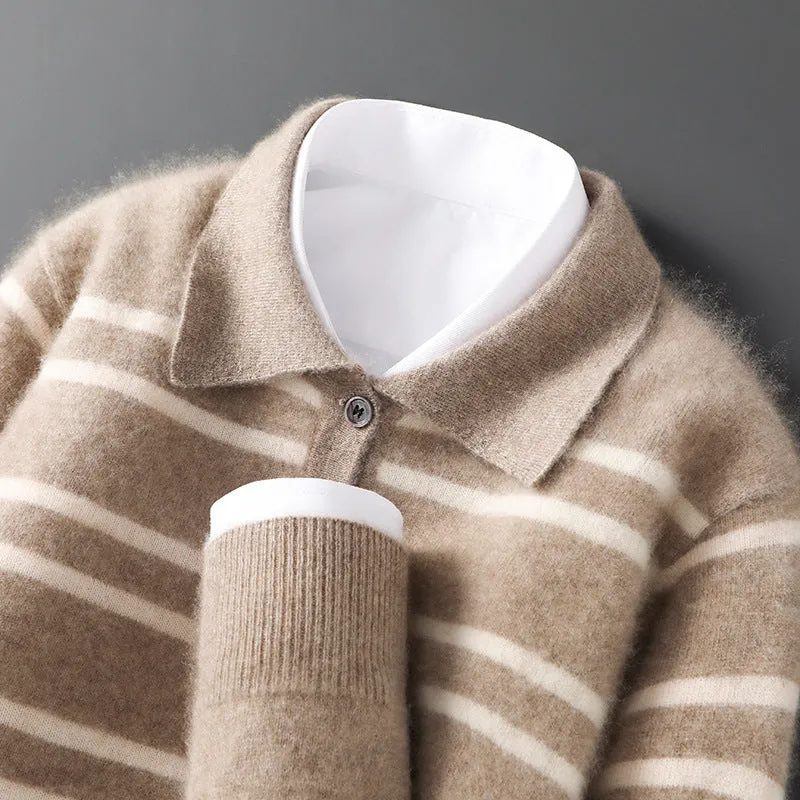 Lapel pure wool striped half button pullover sweater in camel colour on a model