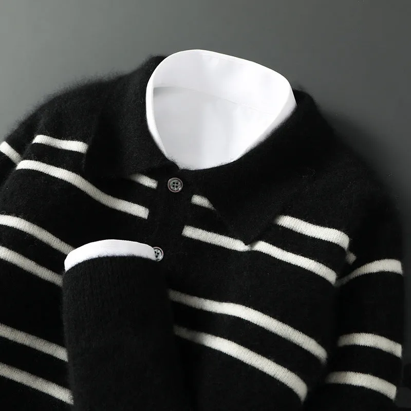 Lapel pure wool striped half button pullover sweater in camel colour on a model