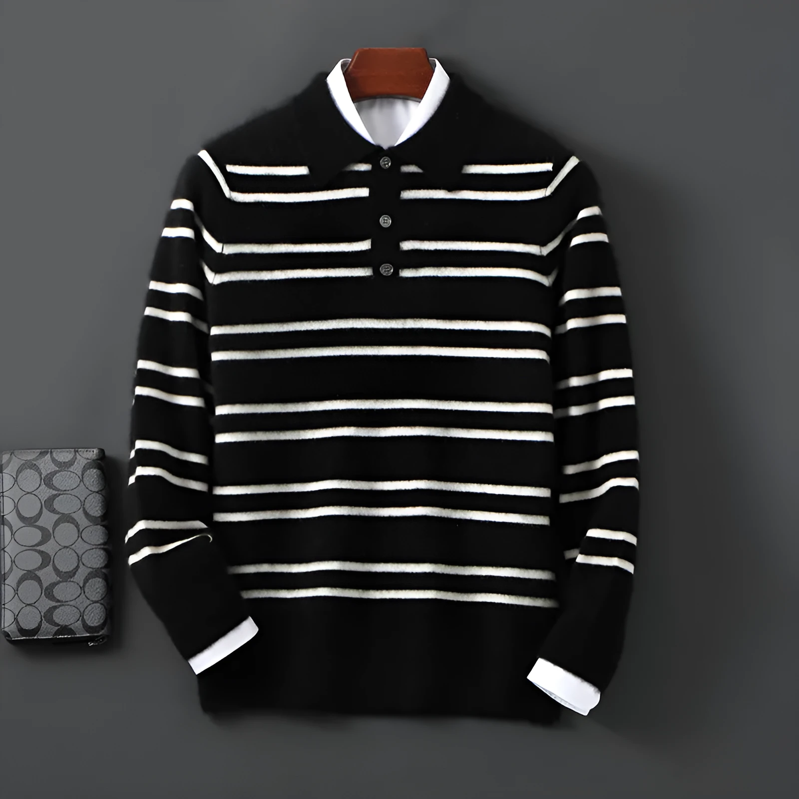 Lapel pure wool striped half button pullover sweater in camel colour on a model