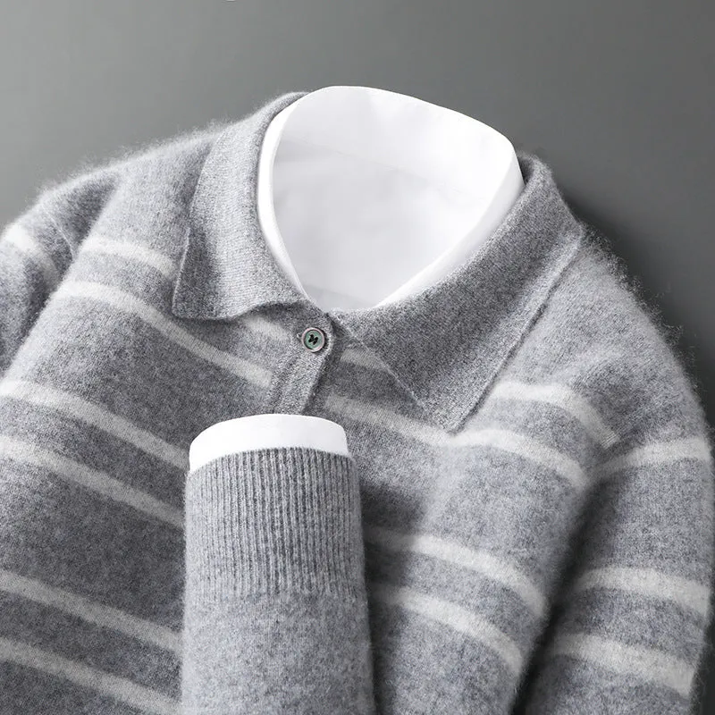 Lapel pure wool striped half button pullover sweater in camel colour on a model
