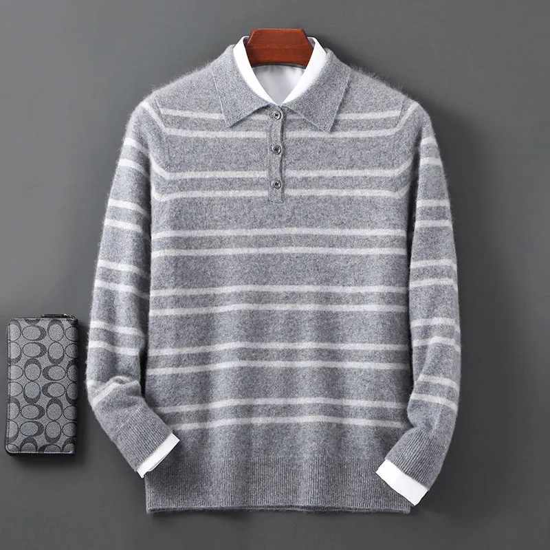 Lapel pure wool striped half button pullover sweater in camel colour on a model