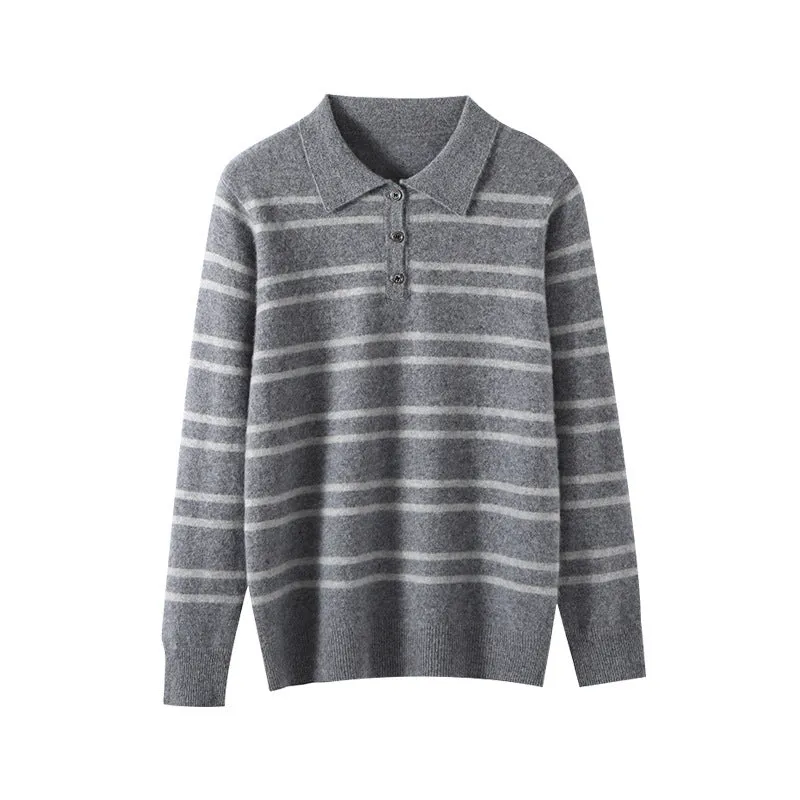 Lapel pure wool striped half button pullover sweater in camel colour on a model