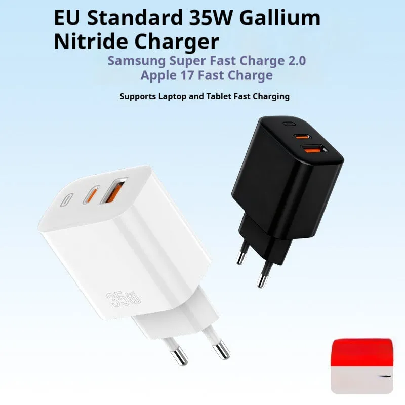 35W European standard multi-port charger with USB-A and Type-C ports, black colour, front view
