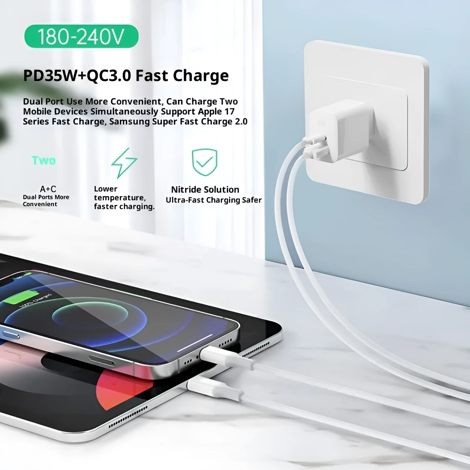 35W European standard multi-port charger with USB-A and Type-C ports, black colour, front view