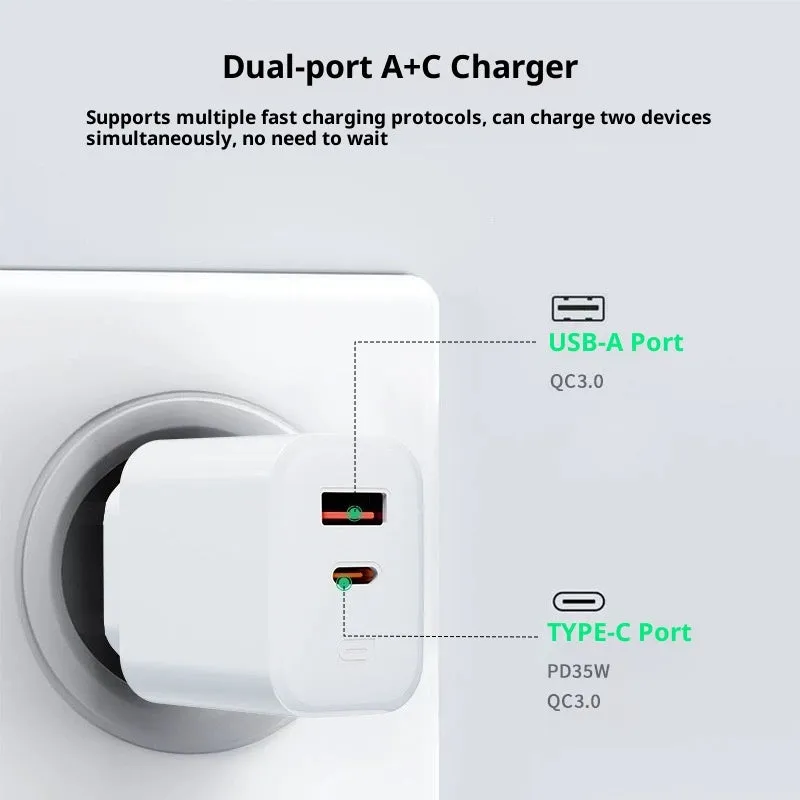 35W European standard multi-port charger with USB-A and Type-C ports, black colour, front view