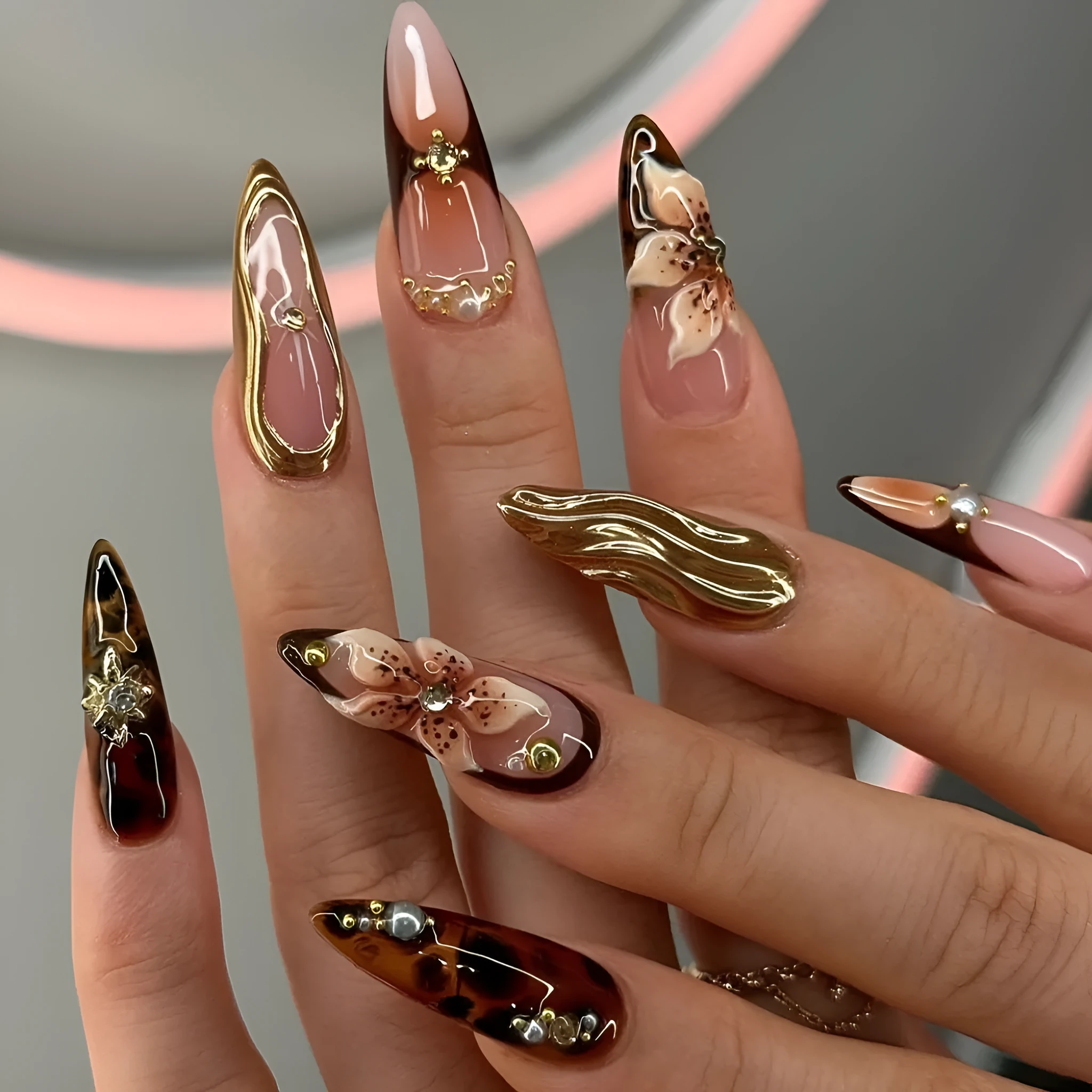 Flower design press-on nail wraps armour set with flashing flowers pattern in colour XM325