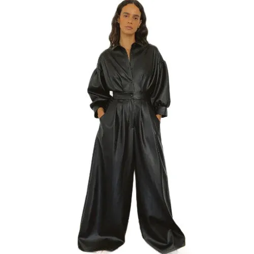 Black PU retro loose jumpsuit with puff sleeves, high waist, button front, and splicing details