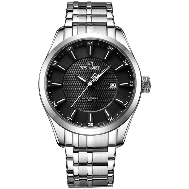 Men's simple casual alloy watch with circular face, available in multiple colour options including black, white, and white-blue