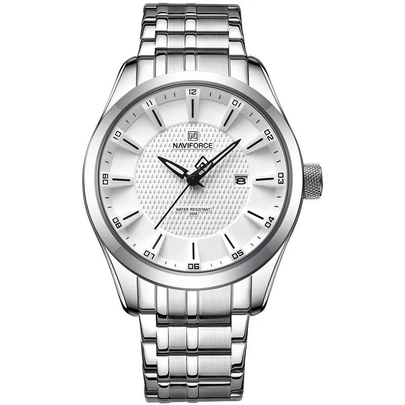 Men's simple casual alloy watch with circular face, available in multiple colour options including black, white, and white-blue