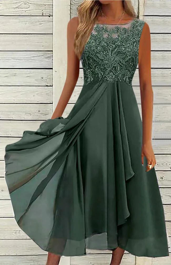 Women's sleeveless mid-length chiffon dress with lace detailing in blue, green, or purple