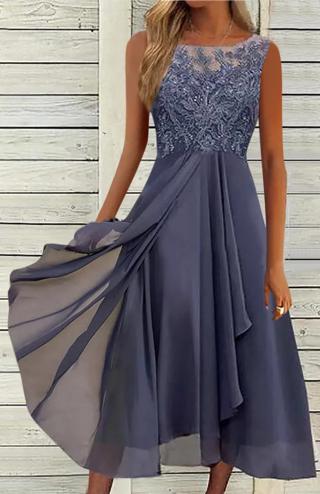 Women's sleeveless mid-length chiffon dress with lace detailing in blue, green, or purple