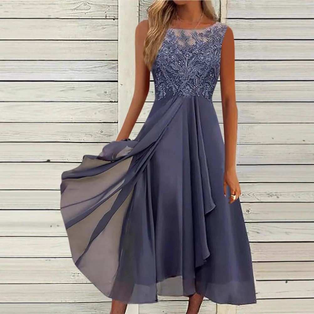 Women's sleeveless mid-length chiffon dress with lace detailing in blue, green, or purple