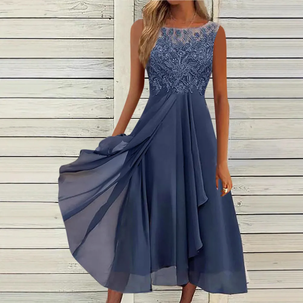 Women's sleeveless mid-length chiffon dress with lace detailing in blue, green, or purple