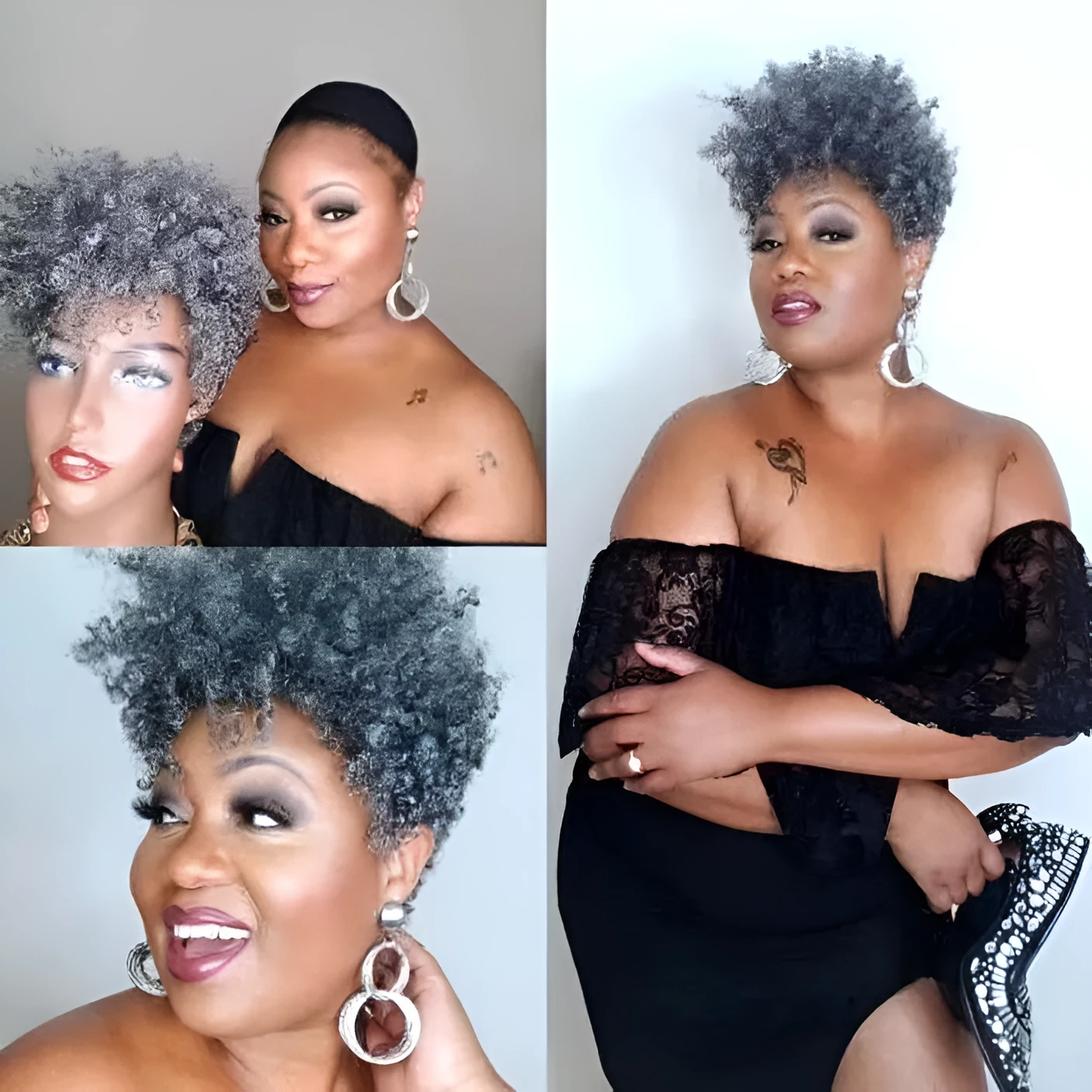 Women's simple rolls short synthetic wig in exotic style showing black, brown, gold, and grey colour options