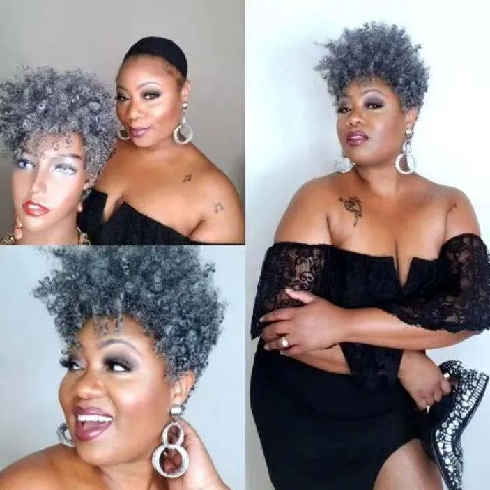 Women's simple rolls short synthetic wig in exotic style showing black, brown, gold, and grey colour options